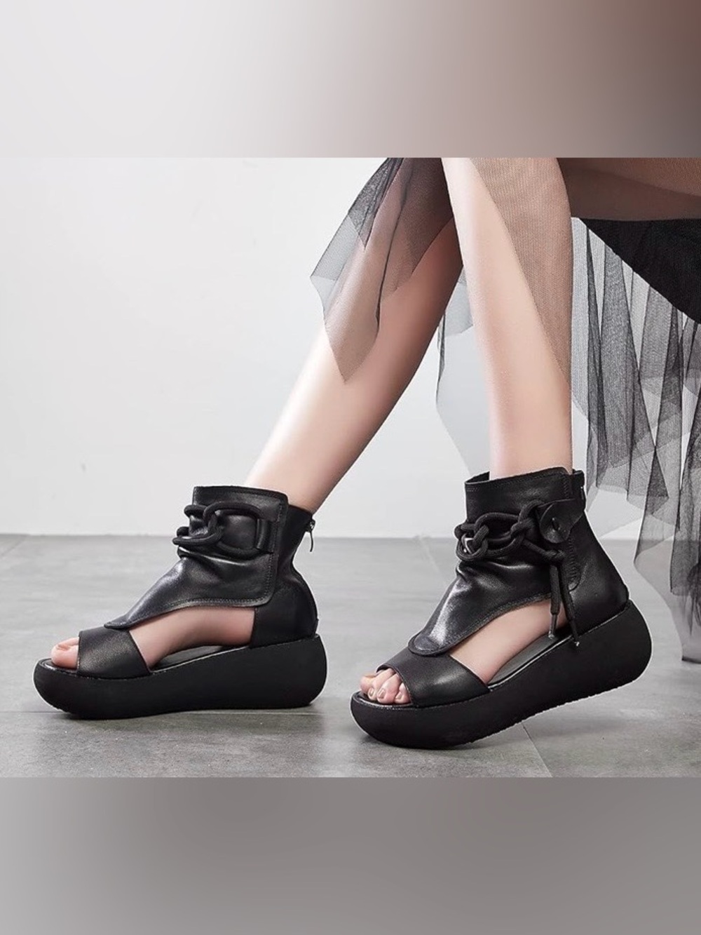 Black Leather Goth High Top Platform Sandal Bootie Open Toe Moto